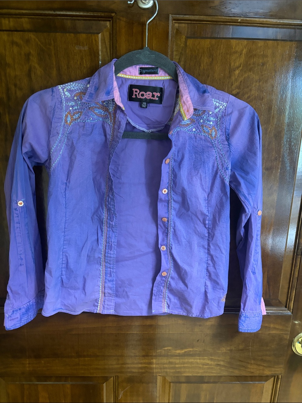 Roar Purple Embroidered Long-Sleeve Button Down Shirt